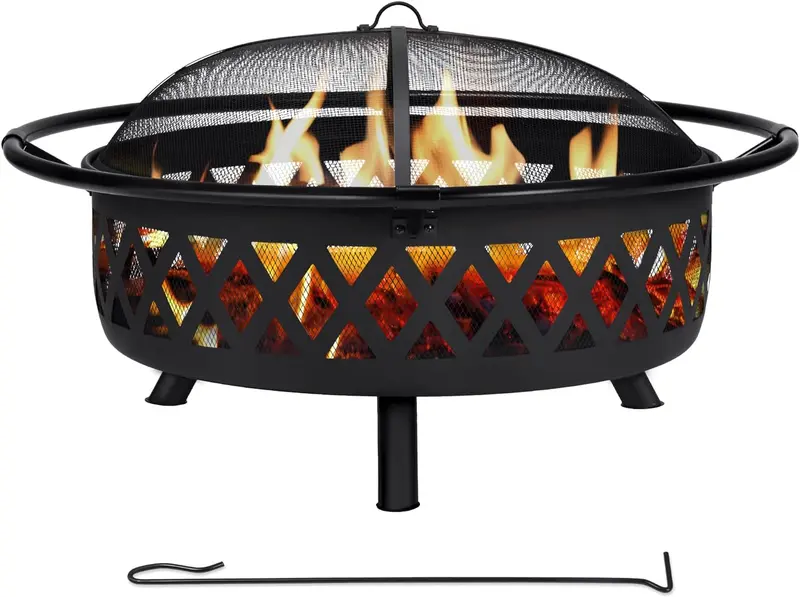 SUNCREAT 42"-Außenfeuerstelle zum Verbrennen von Holz mit Funkennetz, Gartenfeuerstelle mit Feuerhaken, Schwarz