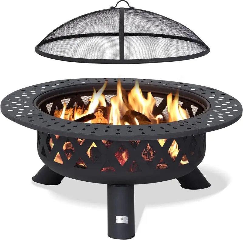 SUNCREAT 42"-Außenfeuerstelle zum Verbrennen von Holz mit Funkennetz, Gartenfeuerstelle mit Feuerhaken, Schwarz