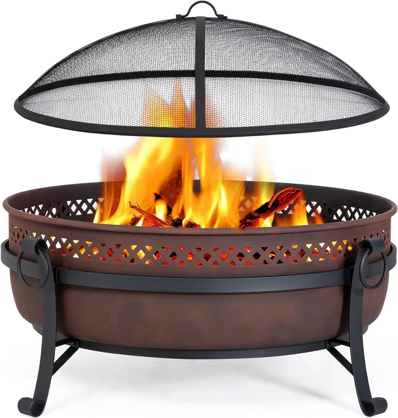 SUNCREAT 42"-Außenfeuerstelle zum Verbrennen von Holz mit Funkennetz, Gartenfeuerstelle mit Feuerhaken, Schwarz