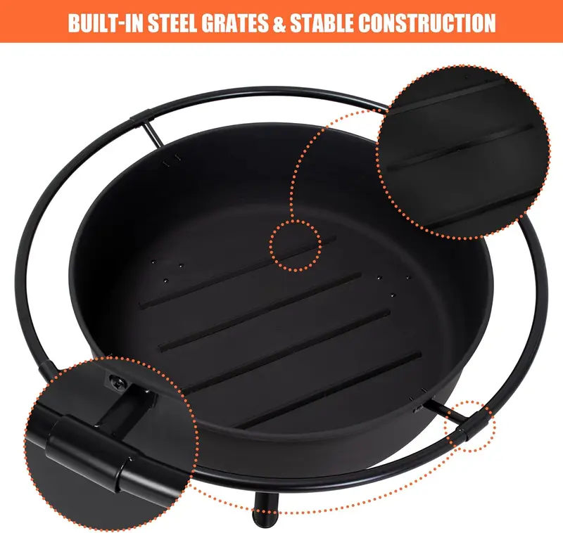 SUNCREAT 42"-Außenfeuerstelle zum Verbrennen von Holz mit Funkennetz, Gartenfeuerstelle mit Feuerhaken, Schwarz