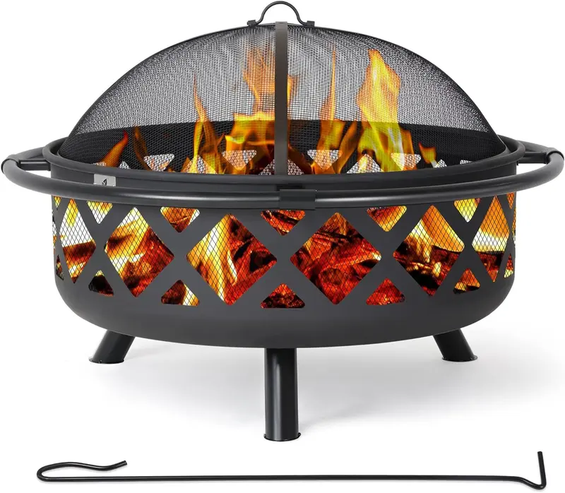 SUNCREAT 42"-Außenfeuerstelle zum Verbrennen von Holz mit Funkennetz, Gartenfeuerstelle mit Feuerhaken, Schwarz