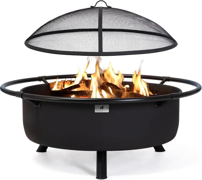 SUNCREAT 42"-Außenfeuerstelle zum Verbrennen von Holz mit Funkennetz, Gartenfeuerstelle mit Feuerhaken, Schwarz 6