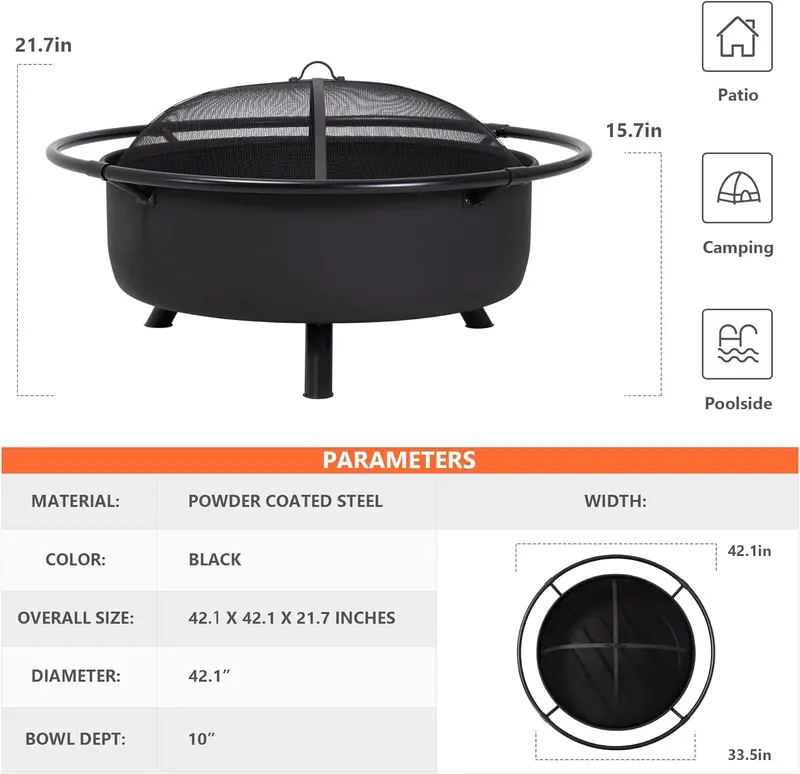 SUNCREAT 42"-Außenfeuerstelle zum Verbrennen von Holz mit Funkennetz, Gartenfeuerstelle mit Feuerhaken, Schwarz
