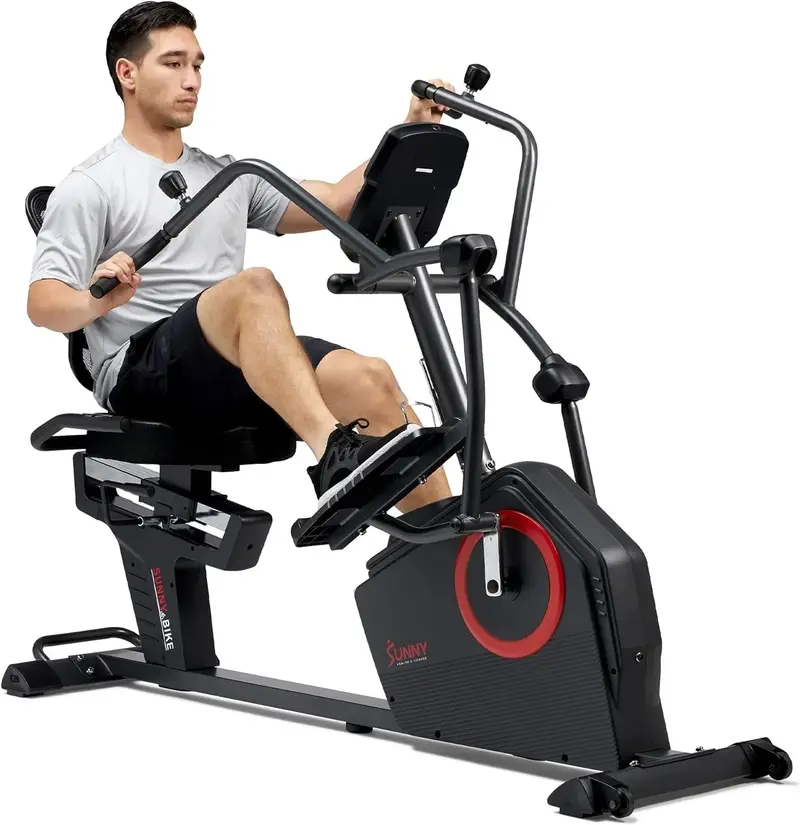 Sunny Health & Fitness Elektromagnetischer Liege-Ellipsentrainer mit Armübungsgriffen, leicht zugänglichem Sitz und exklusiver SunnyFit®-App mit erweiterter Bluetooth-Konnektivität – Modell SF-RBE4886SMART