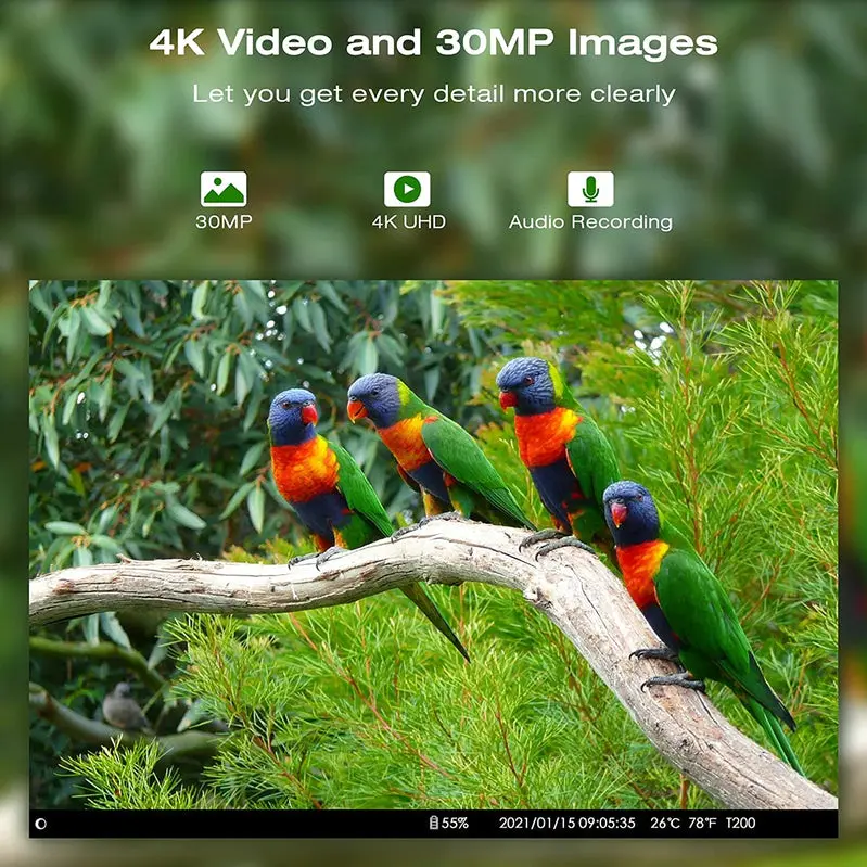 T200 4K 30-MP-Solar-Wildkamera mit WLAN und Bluetooth