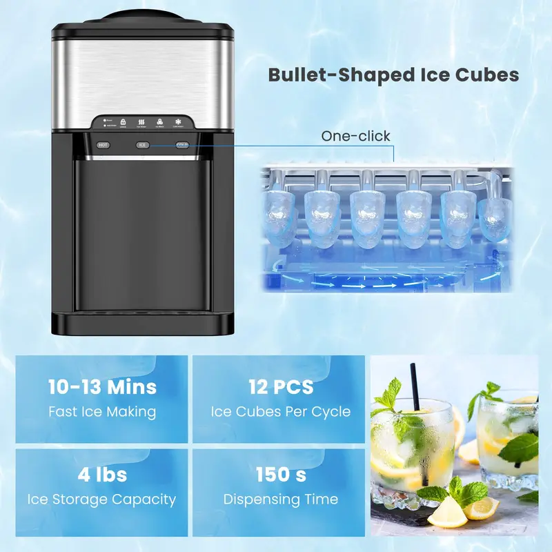 Tisch-Wasserspender mit Eiswürfelbereiter, 3-in-1-Aufstellgerät für heißes und kaltes Wasser, Top-Loading-Modell für 19-Liter-Wasserflaschen