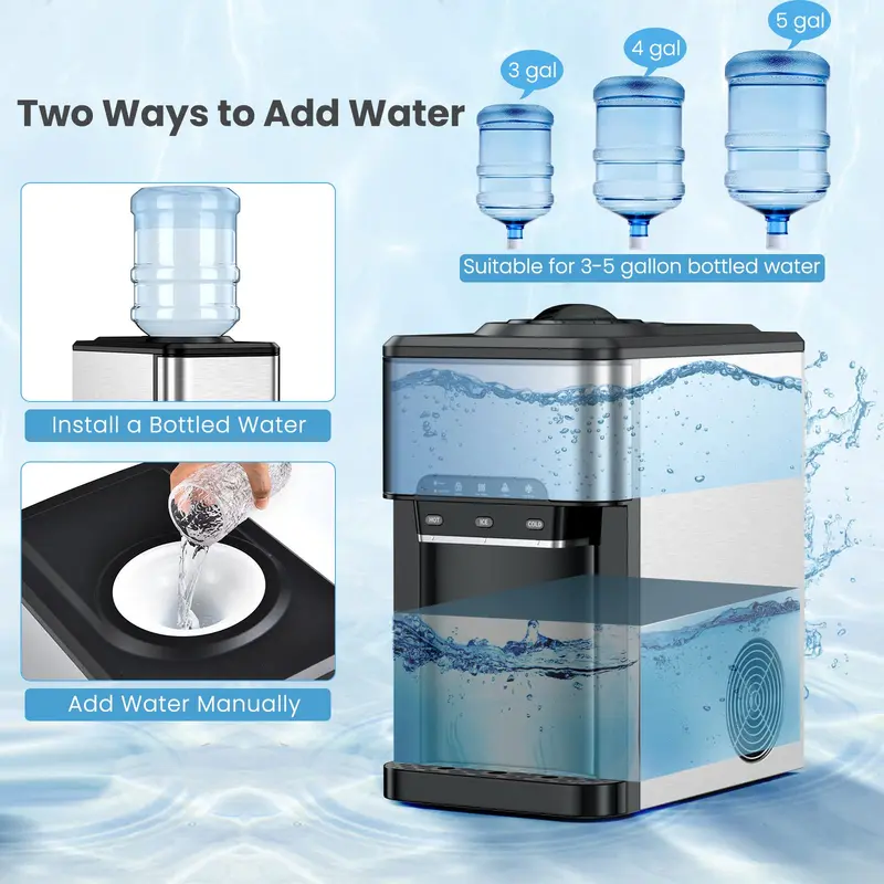 Tisch-Wasserspender mit Eiswürfelbereiter, 3-in-1-Aufstellgerät für heißes und kaltes Wasser, Top-Loading-Modell für 19-Liter-Wasserflaschen