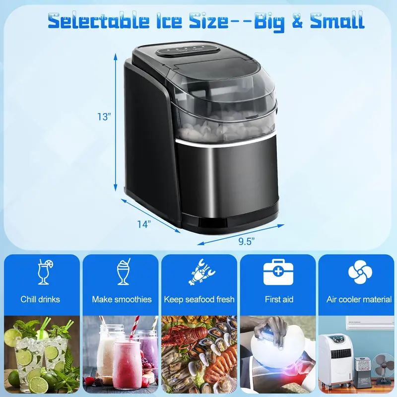 Tischtopf-Eiswürfelmaschine, 12 kg/24 Std., 9 Eiswürfel in 6 Minuten, kompakte Größe, Selbstreinigungsfunktion