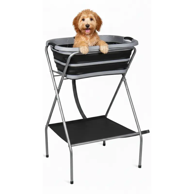 Tragbare Hundebadewanne mit zusammenklappbarem Gestell und Abflussschlauchsystem