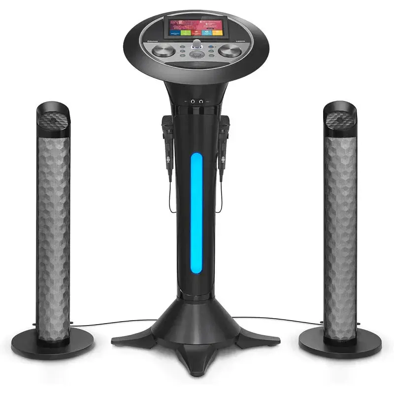 Tragbare WLAN-Karaoke-Maschine für Erwachsene – schwarzer Ständer mit 7-Zoll-Touchscreen, integriertem Lautsprecher, Bluetooth, Aufnahmefunktion und 2 kabelgebundenen Mikrofonen
