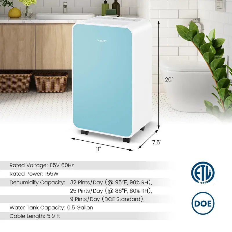 Tragbarer leiser Luftentfeuchter mit 32 Pint/Tag für Räume bis zu 2500 Quadratfuß – mit Schlafmodus und 24-Stunden-Timer