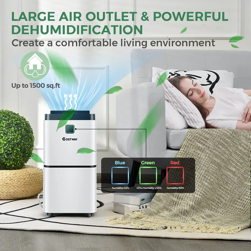 Tragbarer Luftentfeuchter für 1500 Quadratfuß mit 30-Pint-Kapazität, 3-farbiger LED-Anzeige, 3 Betriebsmodi, 0,5-Gallonen-Wassertank und 4 Rollen 2