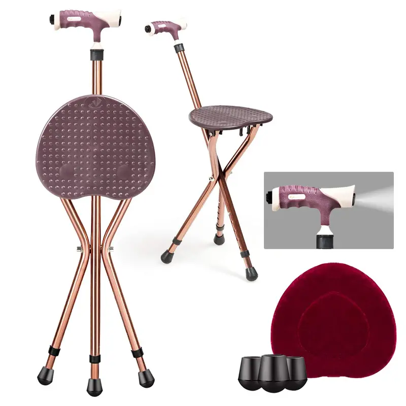 Verstellbarer Klappstock mit Sitz, Aluminium-Krückenstuhl mit LED-Leuchte und einziehbaren 3 Beinen