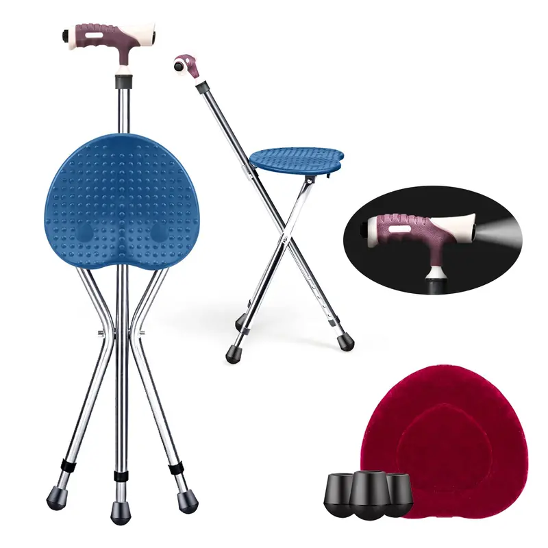 Verstellbarer Klappstock mit Sitz, Aluminium-Krückenstuhl mit LED-Leuchte und einziehbaren 3 Beinen