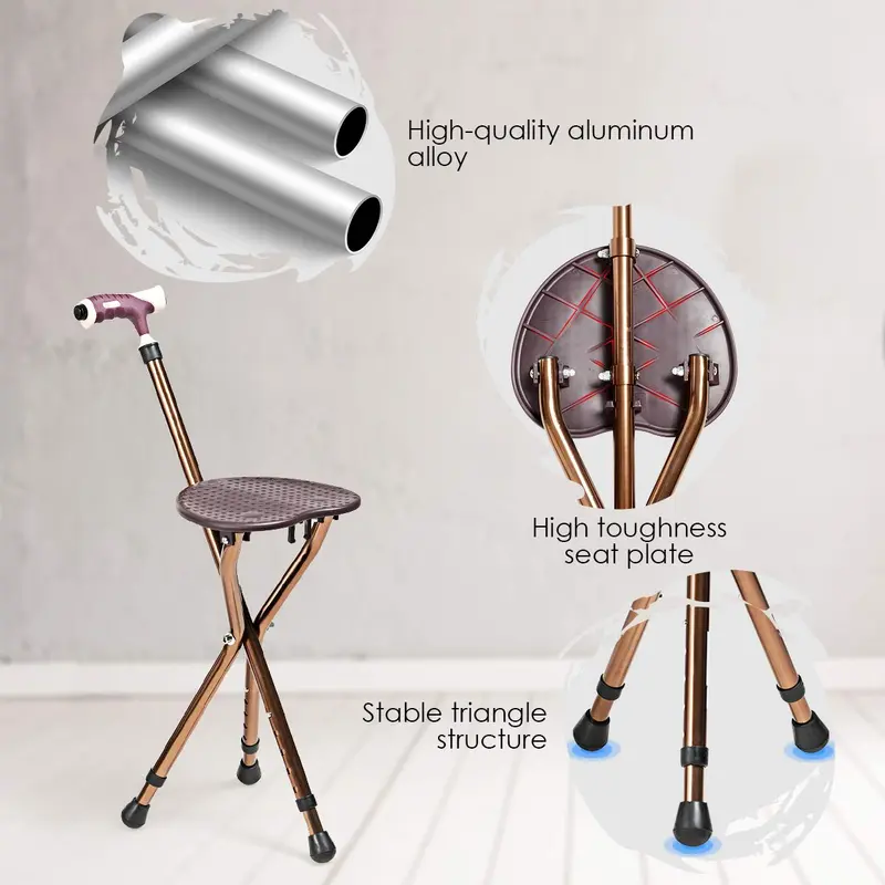 Verstellbarer Klappstock mit Sitz, Aluminium-Krückenstuhl mit LED-Leuchte und einziehbaren 3 Beinen