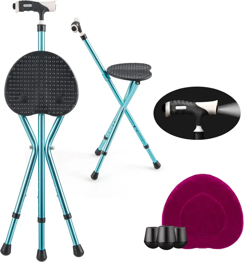 Verstellbarer Klappstock mit Sitz, Aluminium-Krückenstuhl mit LED-Leuchte und einziehbaren 3 Beinen