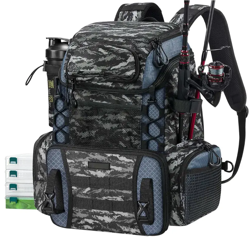 Wasserdichter Angler-Rucksack mit Angelrutenhaltern und 4 Köderboxen