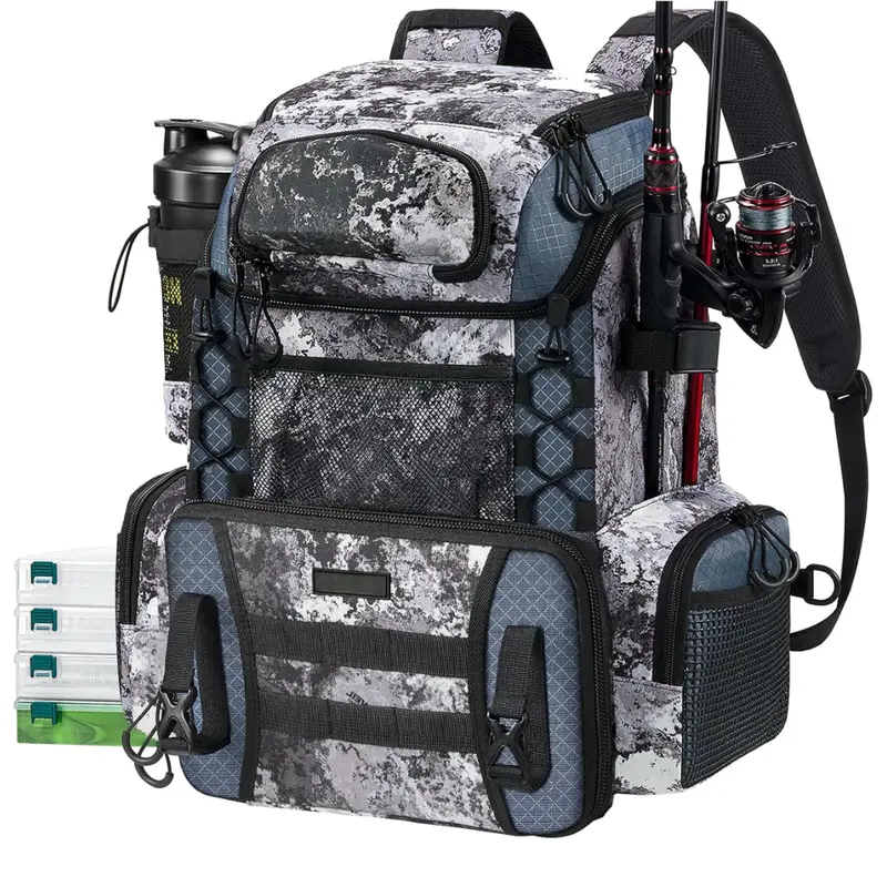 Wasserdichter Angler-Rucksack mit Angelrutenhaltern und 4 Köderboxen 2