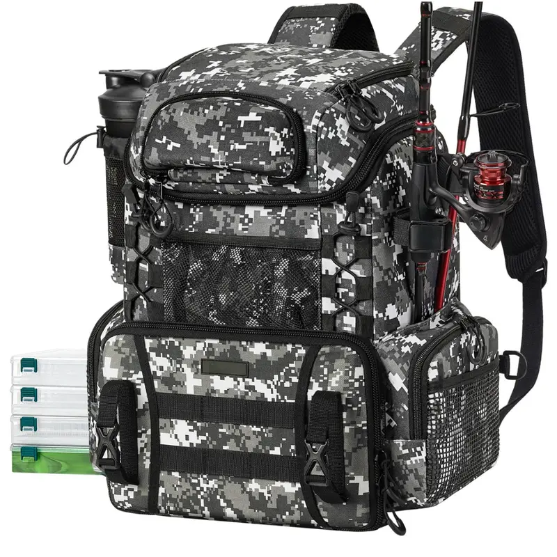 Wasserdichter Angler-Rucksack mit Angelrutenhaltern und 4 Köderboxen