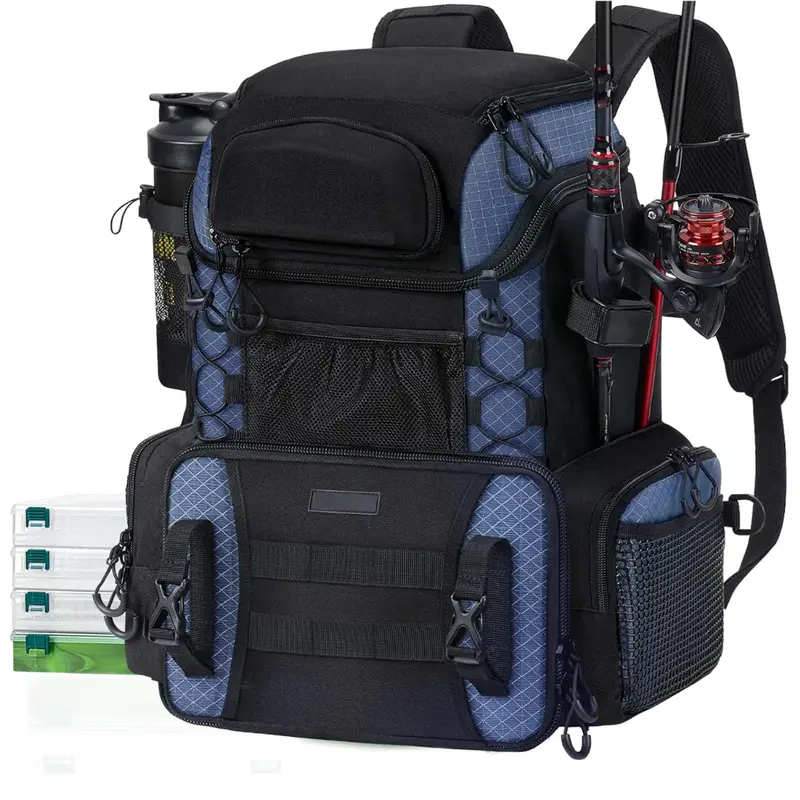Wasserdichter Angler-Rucksack mit Angelrutenhaltern und 4 Köderboxen
