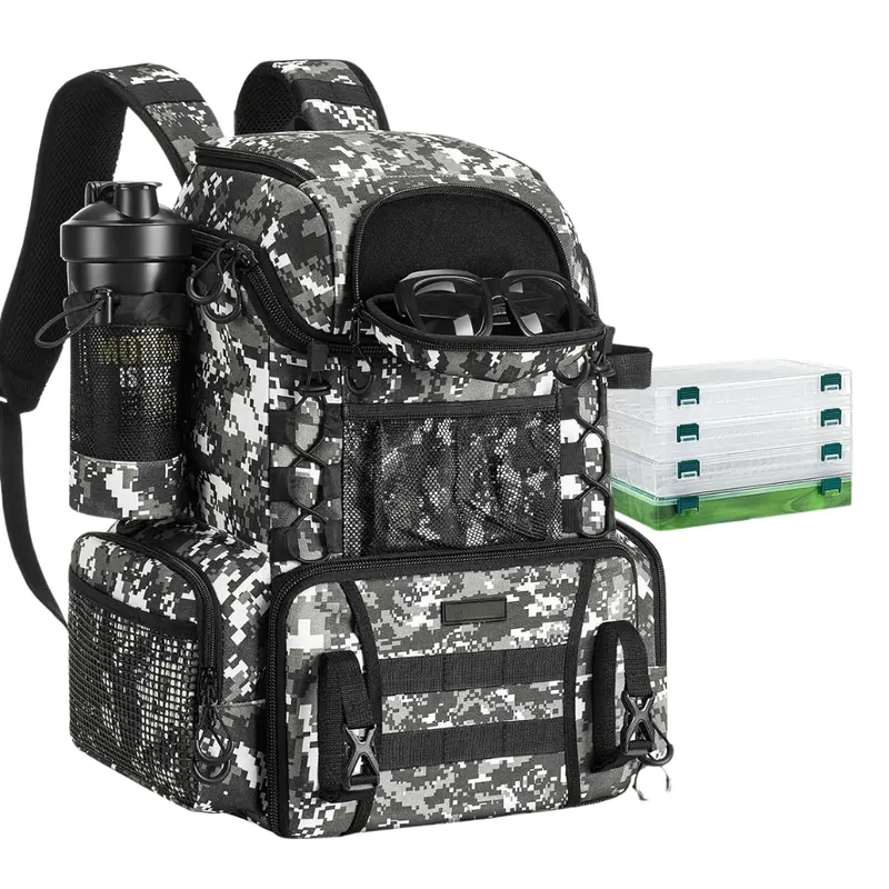 Wasserdichter Angler-Rucksack mit Angelrutenhaltern und 4 Köderboxen