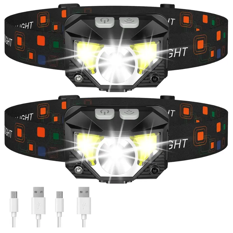 Wiederaufladbarer LED-Stirnlampen-Taschenlampe mit Sensor, 8 Betriebsmodi, 2er-Pack