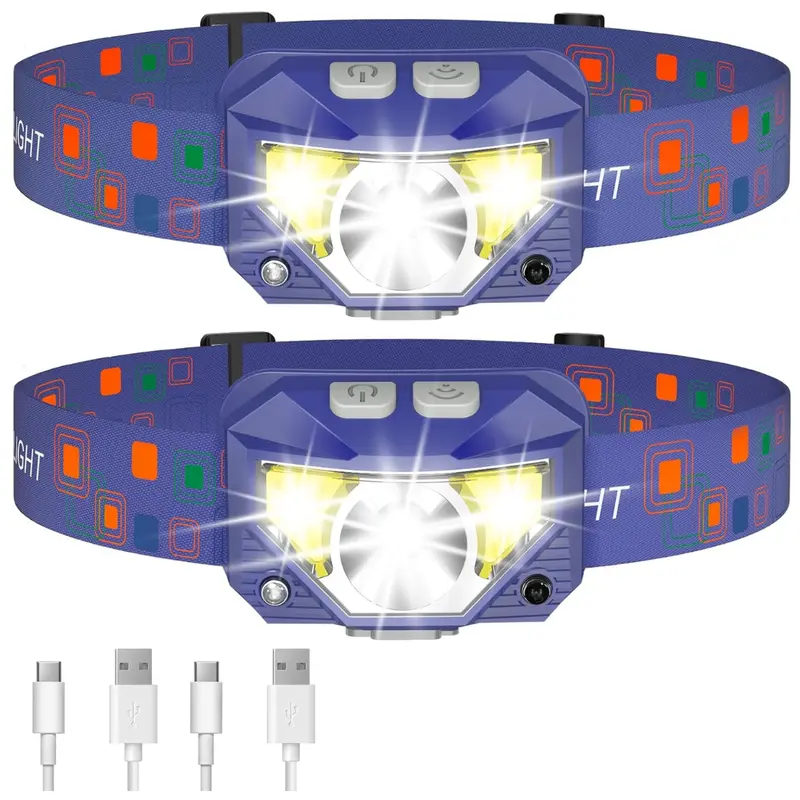 Wiederaufladbarer LED-Stirnlampen-Taschenlampe mit Sensor, 8 Betriebsmodi, 2er-Pack 2
