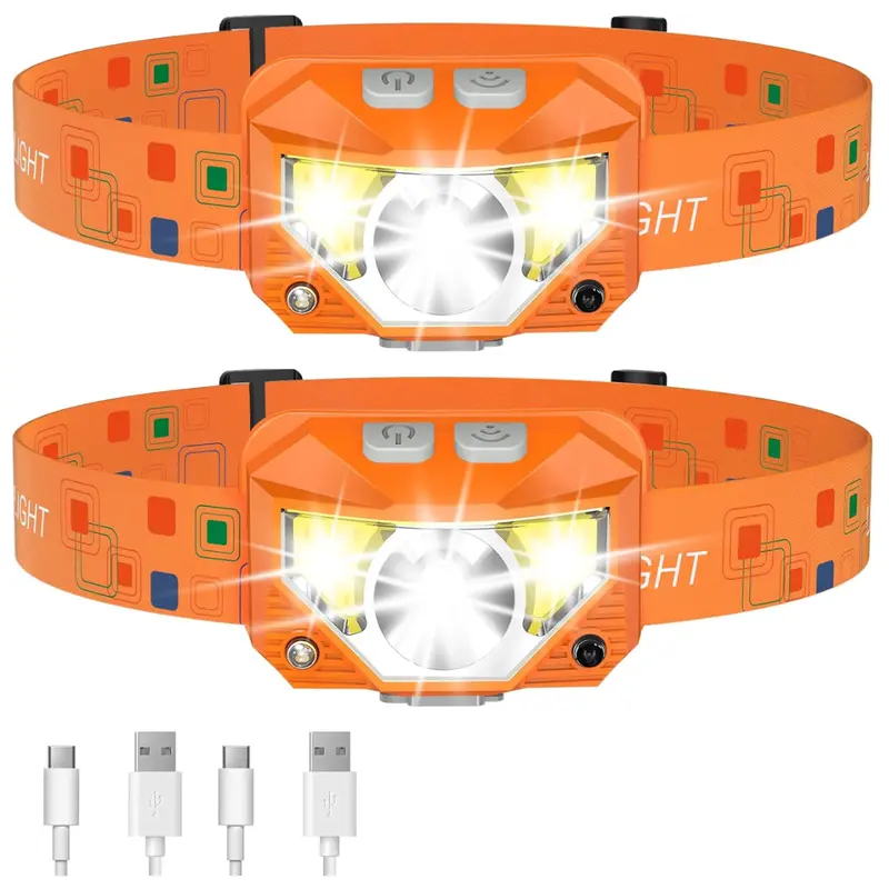 Wiederaufladbarer LED-Stirnlampen-Taschenlampe mit Sensor, 8 Betriebsmodi, 2er-Pack