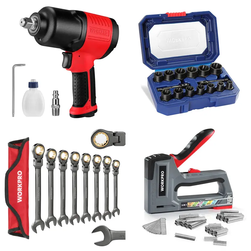 WORKPRO 1/2"-Luft-Schlagschrauber & 15-teiliges Schlagschrauber-Bolzen-/Muttersatz & 8-teiliges flexibles Ratschen-Schraubenschlüssel-Set & 6-in-1-Hefter