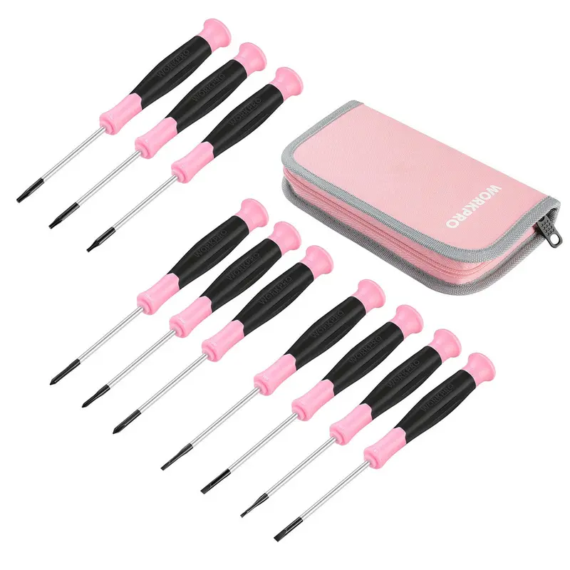 WORKPRO 10-teiliges Präzisionsschraubendreher-Set mit rosa Aufbewahrungstasche, Kreuzschlitz-, Schlitz- und Torx-Stern-Schraubendreher mit magnetischer Spitze – Rosa Band