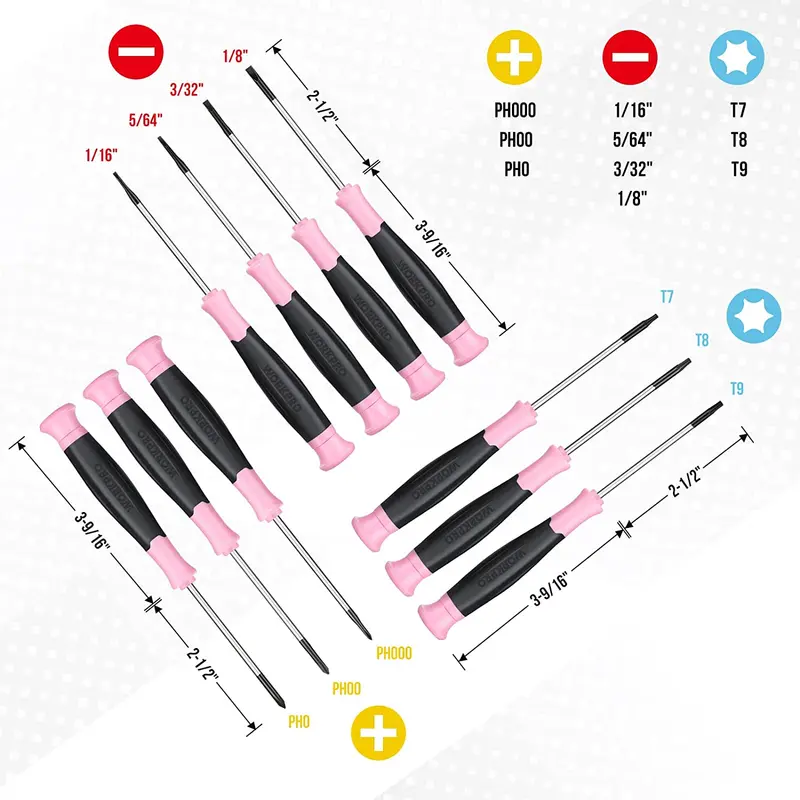 WORKPRO 10-teiliges Präzisionsschraubendreher-Set mit rosa Aufbewahrungstasche, Kreuzschlitz-, Schlitz- und Torx-Stern-Schraubendreher mit magnetischer Spitze – Rosa Band 2
