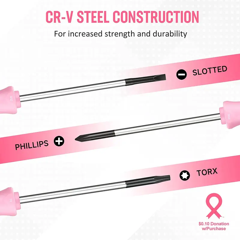 WORKPRO 10-teiliges Präzisionsschraubendreher-Set mit rosa Aufbewahrungstasche, Kreuzschlitz-, Schlitz- und Torx-Stern-Schraubendreher mit magnetischer Spitze – Rosa Band