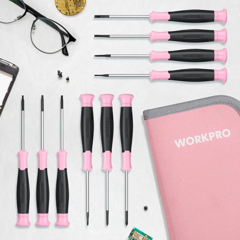 WORKPRO 10-teiliges Präzisionsschraubendreher-Set mit rosa Aufbewahrungstasche, Kreuzschlitz-, Schlitz- und Torx-Stern-Schraubendreher mit magnetischer Spitze – Rosa Band