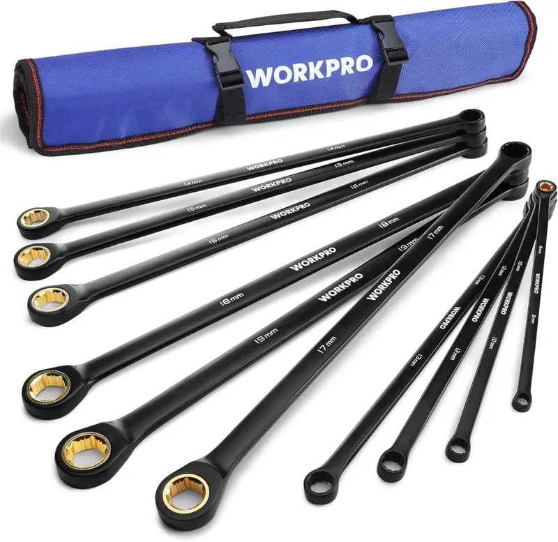 WORKPRO 10-teiliges Set extra langer Ringschlüssel mit Ratschenfunktion und rutschfestem Griff sowie Aufbewahrungstasche, metrisch 8–19 mm, 72-Zahn-Ratsche
