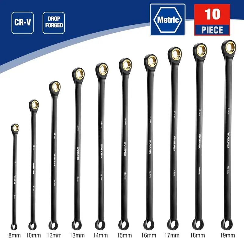 WORKPRO 10-teiliges Set extra langer Ringschlüssel mit Ratschenfunktion und rutschfestem Griff sowie Aufbewahrungstasche, metrisch 8–19 mm, 72-Zahn-Ratsche 2