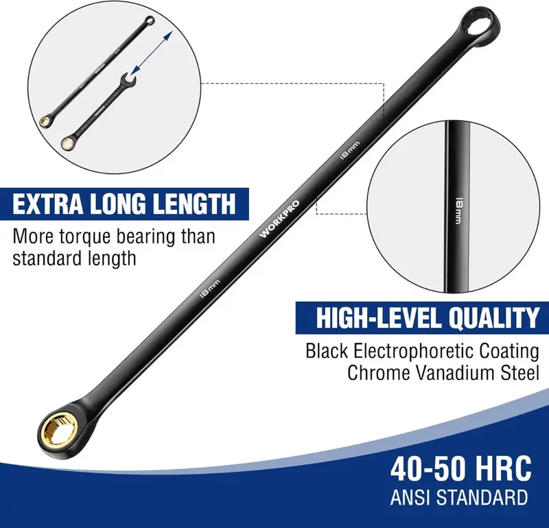 WORKPRO 10-teiliges Set extra langer Ringschlüssel mit Ratschenfunktion und rutschfestem Griff sowie Aufbewahrungstasche, metrisch 8–19 mm, 72-Zahn-Ratsche
