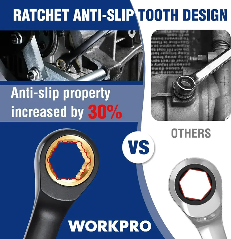 WORKPRO 10-teiliges Set extra langer Ringschlüssel mit Ratschenfunktion und rutschfestem Griff sowie Aufbewahrungstasche, metrisch 8–19 mm, 72-Zahn-Ratsche