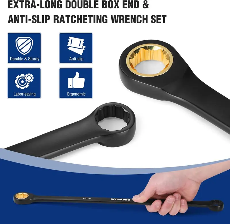 WORKPRO 10-teiliges Set extra langer Ringschlüssel mit Ratschenfunktion und rutschfestem Griff sowie Aufbewahrungstasche, metrisch 8–19 mm, 72-Zahn-Ratsche