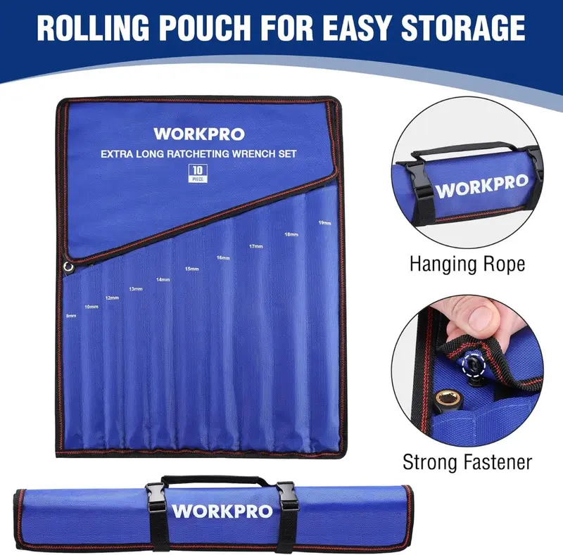 WORKPRO 10-teiliges Set extra langer Ringschlüssel mit Ratschenfunktion und rutschfestem Griff sowie Aufbewahrungstasche, metrisch 8–19 mm, 72-Zahn-Ratsche