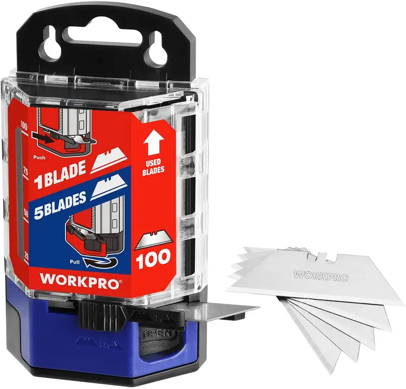 WORKPRO 100 Stück Ersatzklingen für Universalmesser aus SK5-Kohlenstoffstahl mit Spender – Rosa Schleife 1