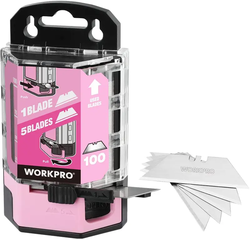 WORKPRO 100 Stück Ersatzklingen für Universalmesser aus SK5-Kohlenstoffstahl mit Spender – Rosa Schleife