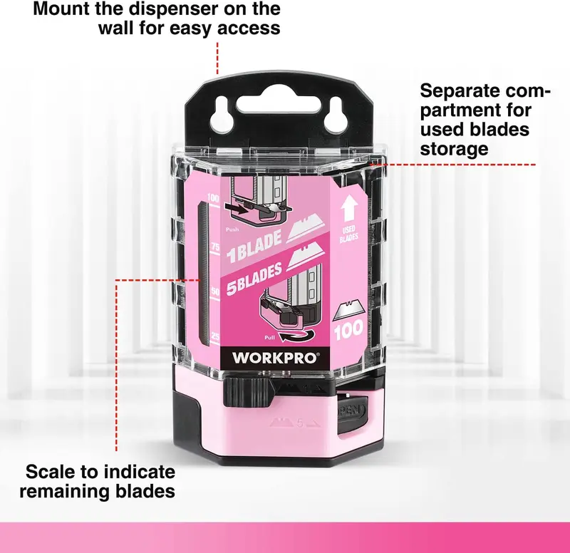 WORKPRO 100 Stück Ersatzklingen für Universalmesser aus SK5-Kohlenstoffstahl mit Spender – Rosa Schleife