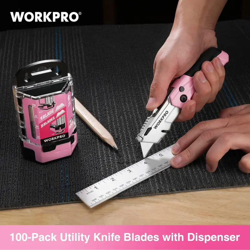 WORKPRO 100 Stück Ersatzklingen für Universalmesser aus SK5-Kohlenstoffstahl mit Spender – Rosa Schleife