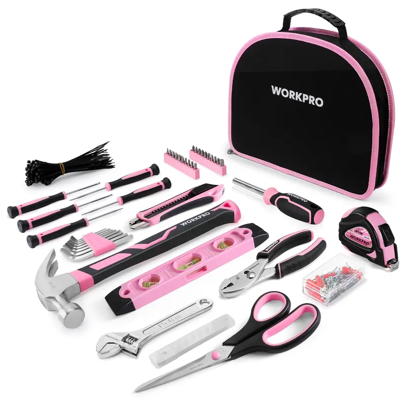 WORKPRO 100-teiliges / 236-teiliges rosa Werkzeugset mit praktischem, runden Tragetasche – ideal für Heim-Do-it-yourself-Arbeiten – mit rosa Band
