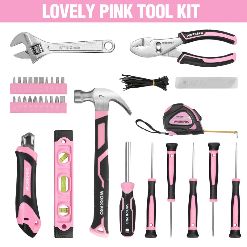 WORKPRO 100-teiliges / 236-teiliges rosa Werkzeugset mit praktischem, runden Tragetasche – ideal für Heim-Do-it-yourself-Arbeiten – mit rosa Band 2