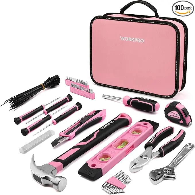 WORKPRO 100-teiliges / 236-teiliges rosa Werkzeugset mit praktischem, runden Tragetasche – ideal für Heim-Do-it-yourself-Arbeiten – mit rosa Band