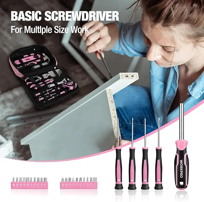 WORKPRO 100-teiliges / 236-teiliges rosa Werkzeugset mit praktischem, runden Tragetasche – ideal für Heim-Do-it-yourself-Arbeiten – mit rosa Band