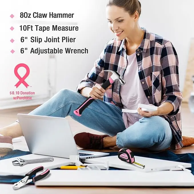 WORKPRO 100-teiliges / 236-teiliges rosa Werkzeugset mit praktischem, runden Tragetasche – ideal für Heim-Do-it-yourself-Arbeiten – mit rosa Band