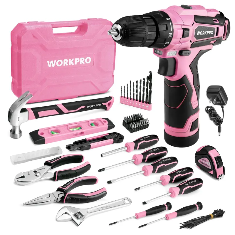 WORKPRO 108-teiliges tragbares Werkzeugset mit Akkubohrschrauber – Pink Ribbon
