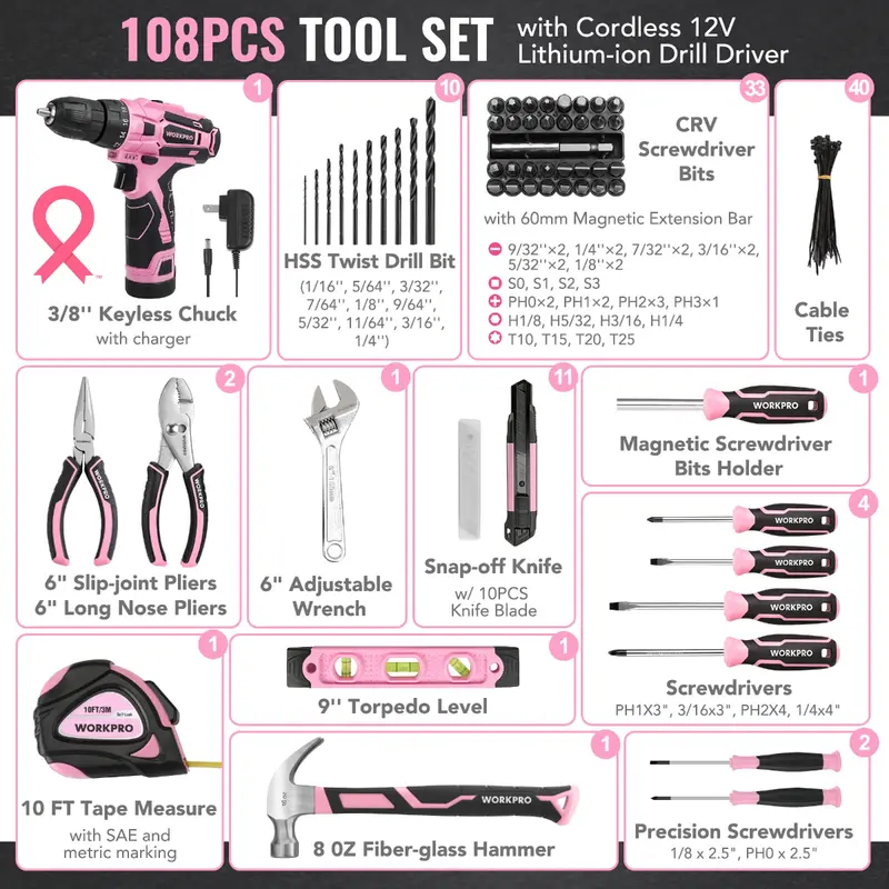 WORKPRO 108-teiliges tragbares Werkzeugset mit Akkubohrschrauber – Pink Ribbon 2